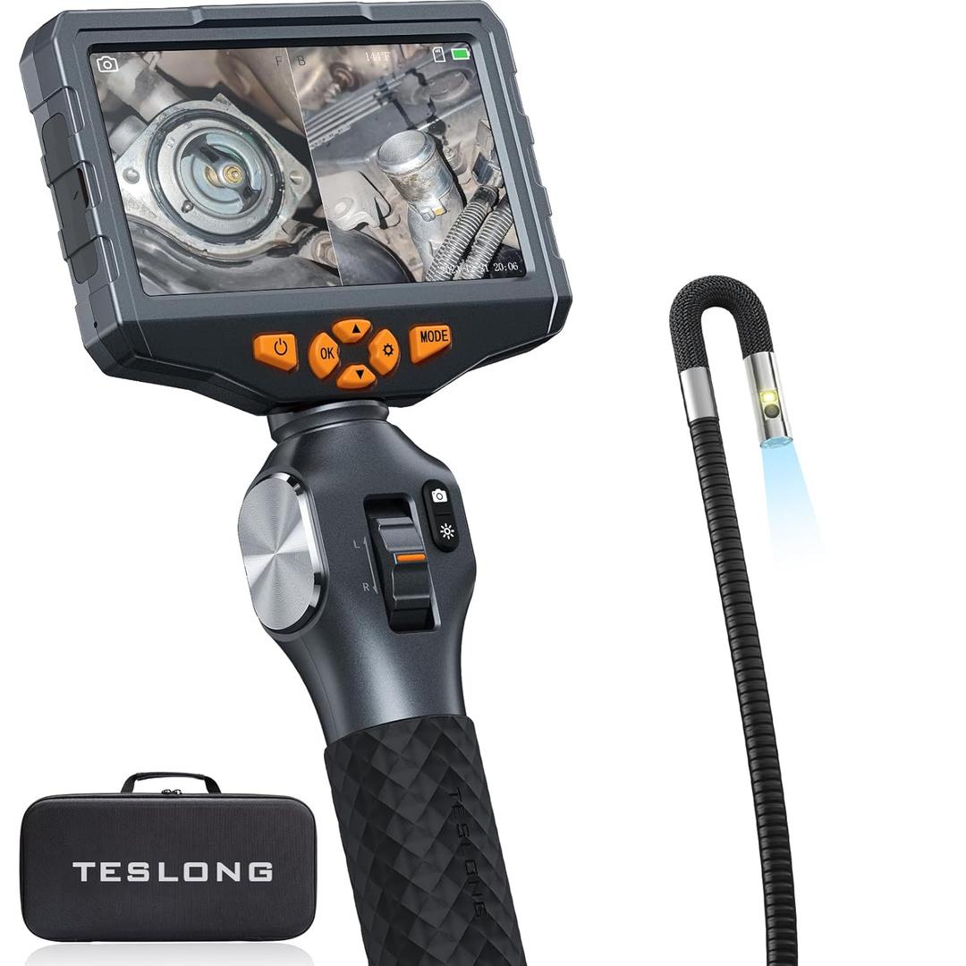 Articulating Borescope with Dual Lens Endoscope, Teslong 5-inch IPS Automotive Inspection Camera with Two-Way Articulation Tip, 6+1 LED Lights, Mechanics Fiber Optic Scope-Dia. 0.25 inch & L 5.0 feet