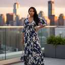 Yajedo Womens Casual Summer Maxi Dress Plus Size Sexy Wrap V Neck 3/4 Sleeve Sundress with Pockets (Blue, XL)