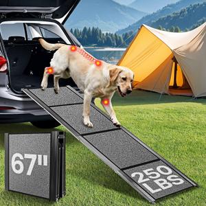 Lightweight Aluminum Dog Ramp for Women & Seniors - 67" Folding Car Ramp for Large Dogs to 250lbs | Portable Pet Ramp with Non-Slip Surface for Safe SUV, Truck Entry & Joint Care for Senior Pets