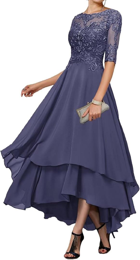 Tea Length Lace Chiffon 1/2 Sleeve Stormy Blue Plus Size Mother of The Bride Dresses for Wedding with Pockets Size 16W