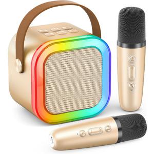 Karaoke Machine for Kids Adults, Portable Bluetooth Mini Karaoke Microphone Singing Speaker Karaoke Player with 2 Wireless Mic Kids Toys for All Smartphones,Birthday, Family,Home Party (Gold)