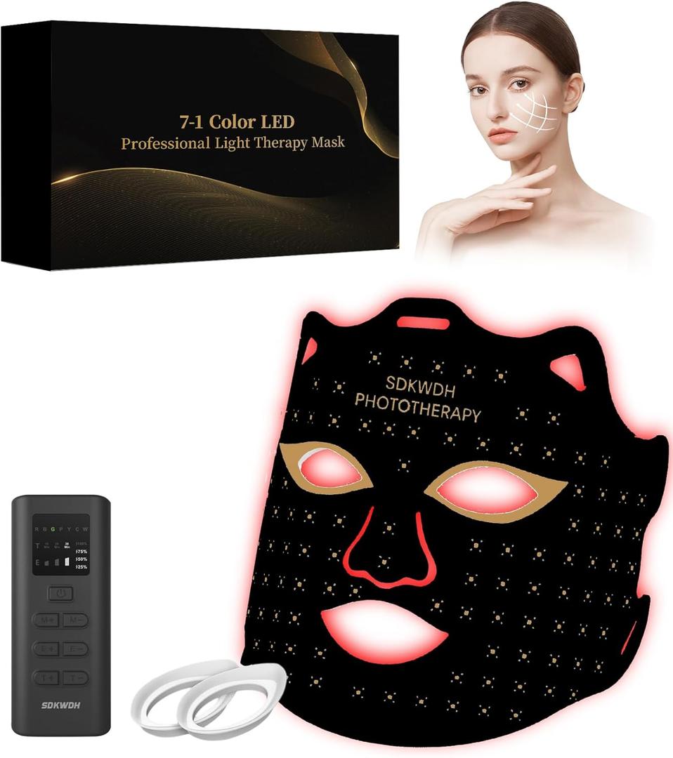 Red Light Therapy for Face, Led Face Mask Light Therapy, 7 Colors LED Face Mask Light Therapy At Home, Black