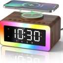 Alarm Clock with Wireless Charging, Bluetooth Speaker, White/Brown Noise Sound Machine Night Light, Wooden Digital Alarm Clocks for Bedrooms, Wireless Charger for iPhone, Birthday Gifts for Men Women