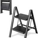 Double Elite Step Ladder 2 Step Folding, Sturdy 330 Lbs Load Folding Step Stool for Adults, Safer Full Steel Frame, Multi-use Closet/Home Kitchen Small Step Ladder with Wide Pedals, Black