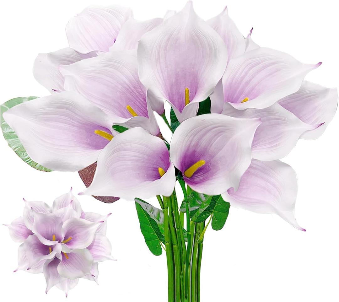 SNAIL GARDEN 14 Big Heads Artificial Calla Lilies with Green Leaves,Realistic Purple Latex Calla Lilies with Removable Flower Heads,Real Touch Artificial Lily Flower for Home Wedding Office Decoration