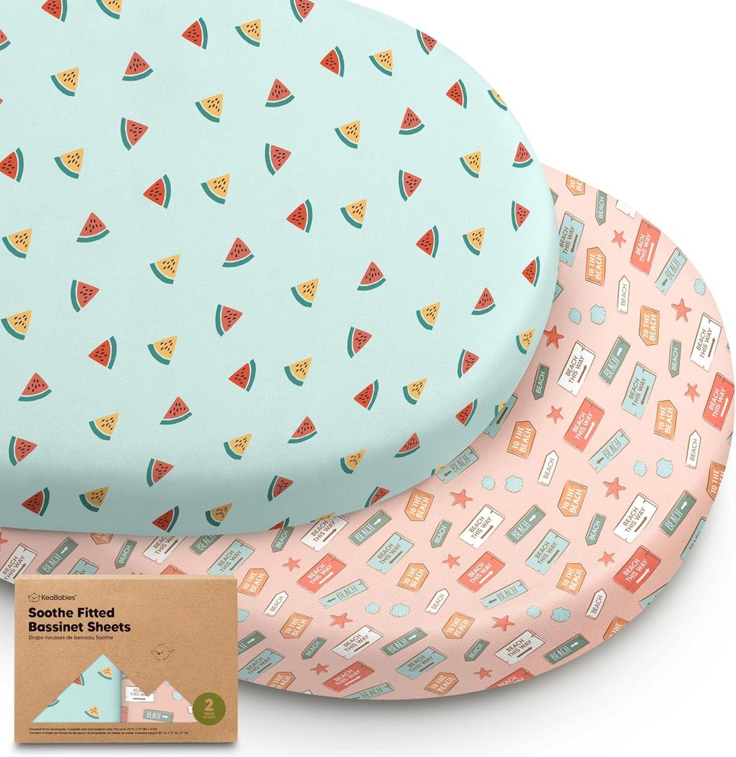2-Pack Organic Bassinet Sheets for Girls, Boys - 100% Cotton Bassinet Mattress Sheets Compatible with Halo Bassinest Swivel Sleeper, Graco,Baby Delight,Chicco,Unisex Fitted Bassinet Sheets (Beach Day)