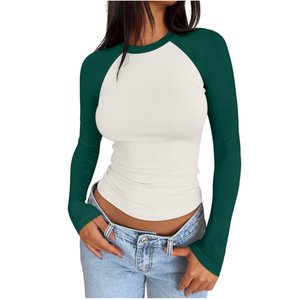 Trendy Queen Women's Long Sleeve Shirts Slim Fit Stretchy Color Block Slightly Cropped Tops Size S