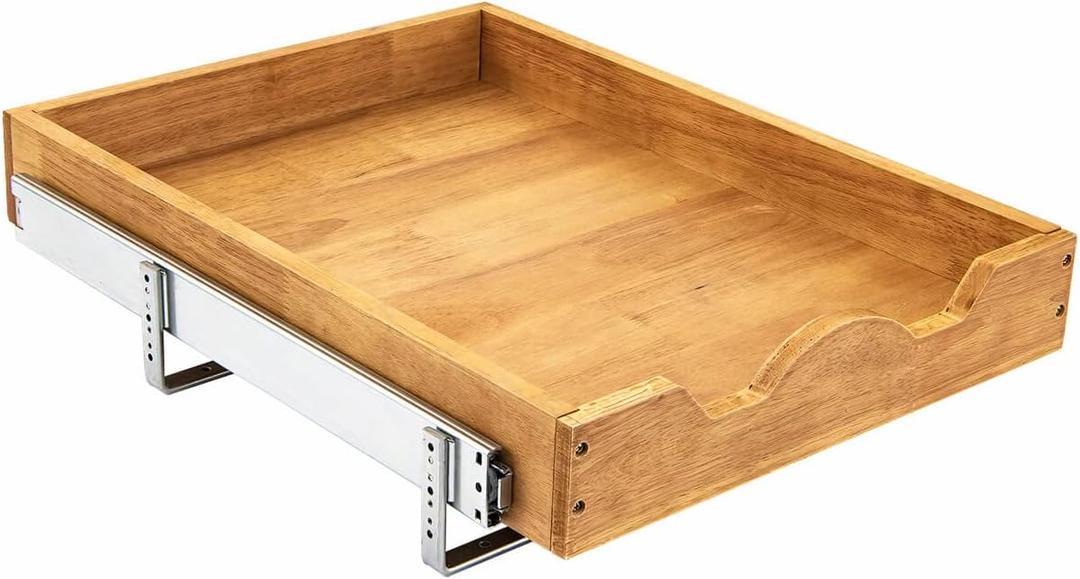 DINDON Pull Out Cabinet Organizer (14" W x 18" D) 1 Tier, Single Tier Oak Wood Under Cabinet Slide Out Shelf Drawer Box