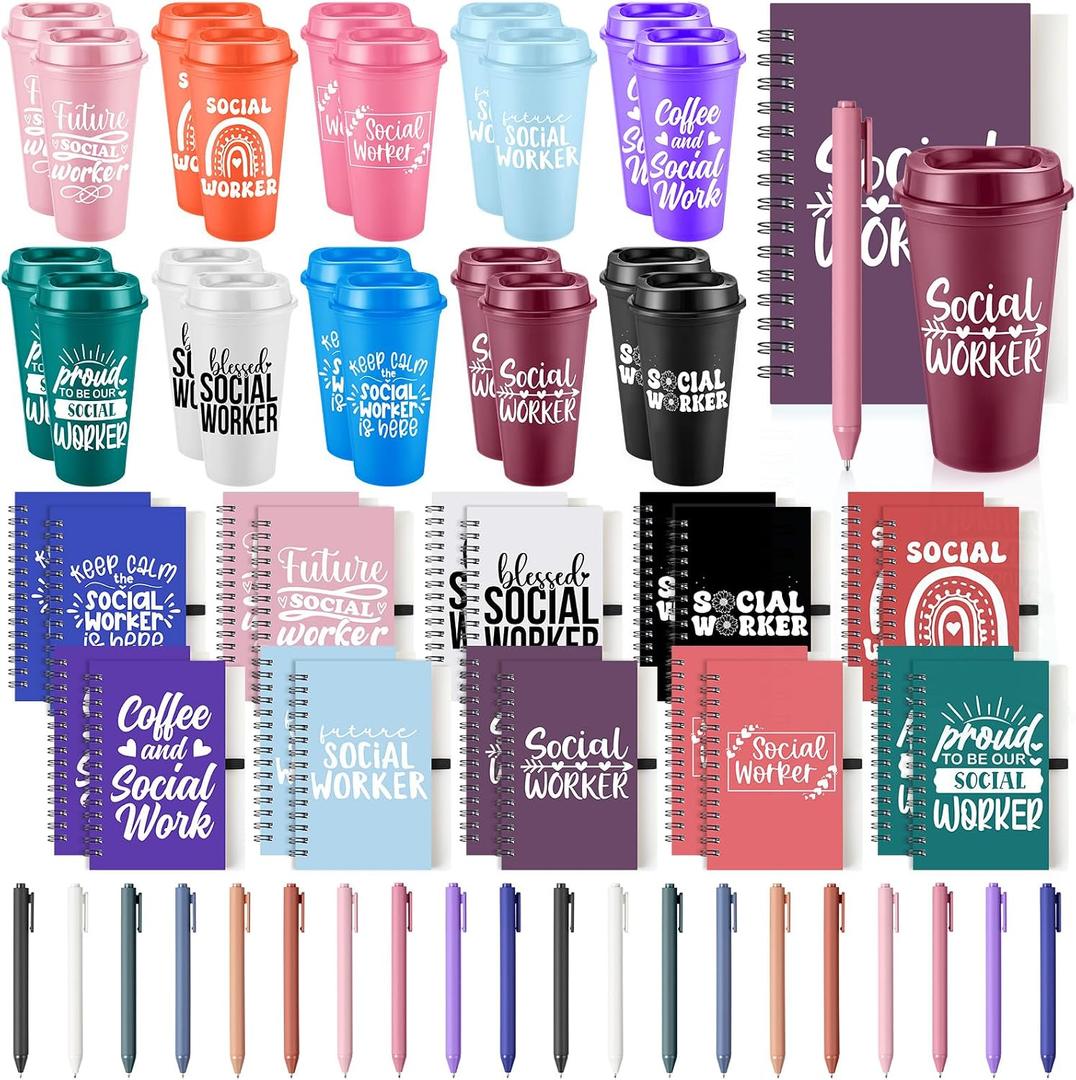 Honeydak 60 Pcs Social Worker Appreciation Gifts Set Inspirational Thank You Gift Bulk Include 16 oz Plastic Tumbler Cups with Lid Notebooks Pens for Graduation Volunteer Teachers Coworkers(Lovely)
