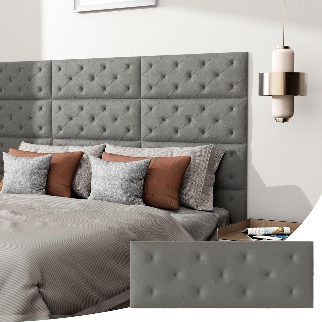 Peel and Stick Headboard for Queen Size, Upholstered Velvet Fabric Wall Mounted Headboard, Pack of 4 Panels (Each 31.5"x11.5", Dark Gery)