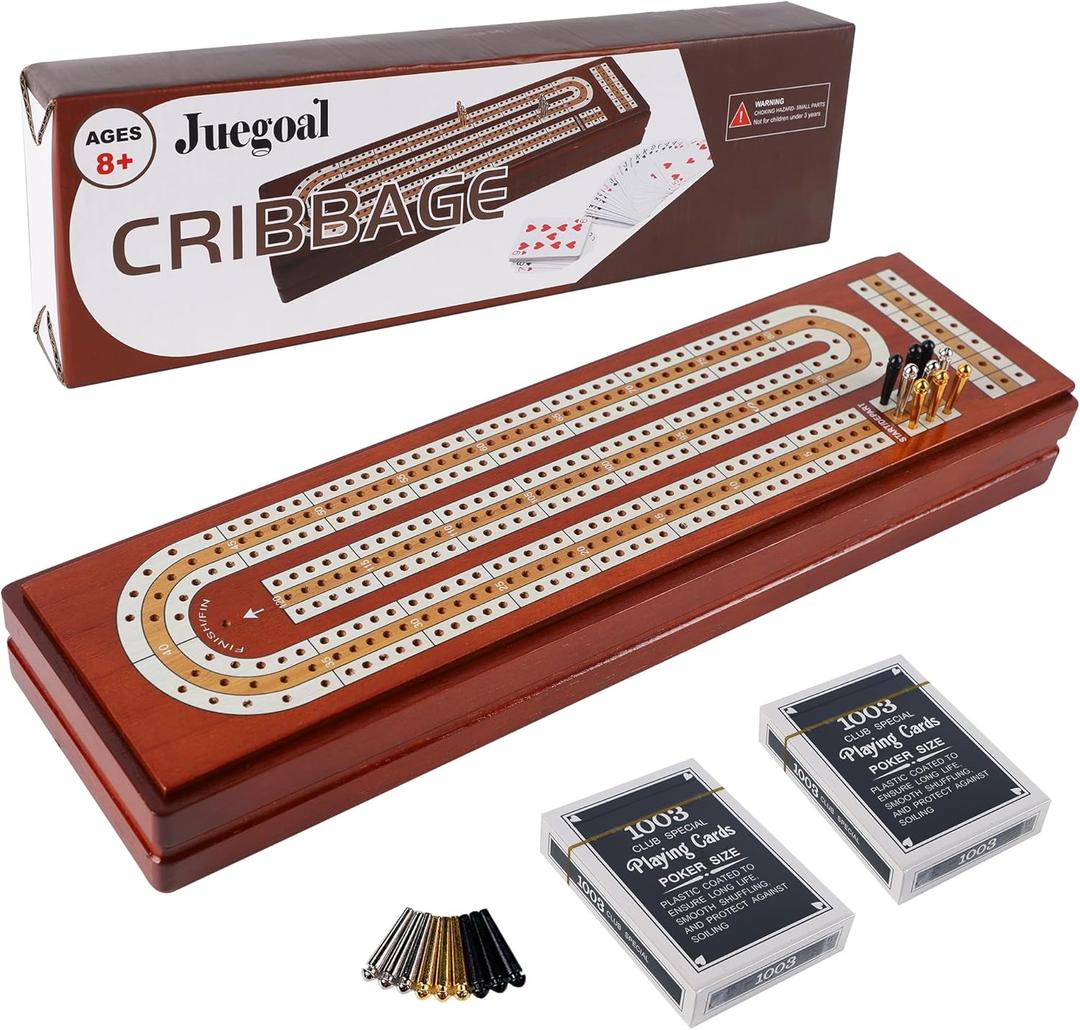 Juegoal Upgrade Wood Cribbage Board Game Set, Solid Wooden Continuous 3 Track Board with Larger Storage Area, 9 Metal Pegs and 2 Decks of Playing Cards, Travel Portable Cribbage Game Sets