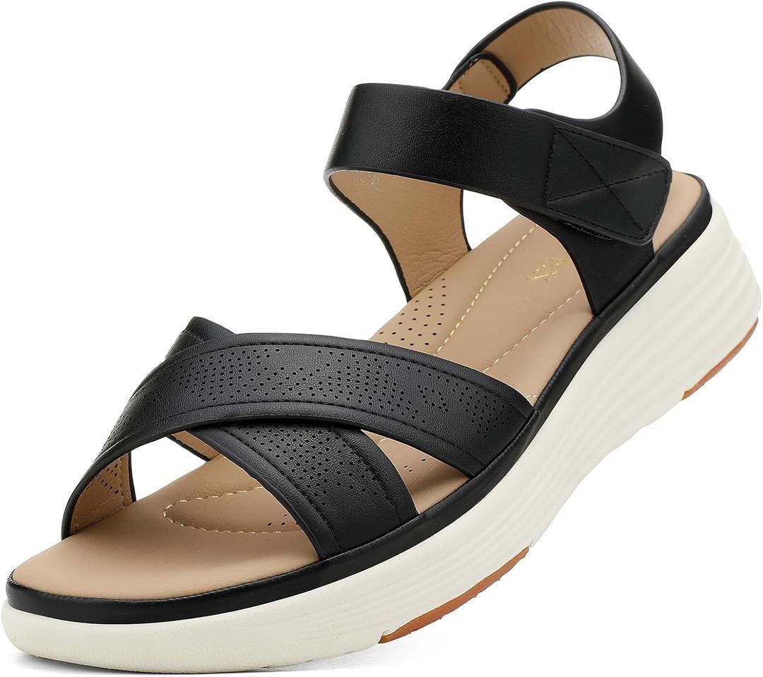 UBFEN Womens Platform Sandals Comfortable Lightweight Walking Ankle Strap Casual Low Wedge Sandals (11, Aa Black)