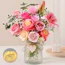 Livole 22Pcs Fake Flowers with Vase Silk Pink Artificial Flowers in Vase with Light Fake Plant Eucalyptus Flower Arrangement for Table Centerpieces Decor for Living Room Coffee Home Farmhouse