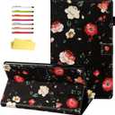 for Amazon Kindle Fire HD 10 Case 10.1 inch Tablet 9th/ 7th Generation (2019/2017) with Pencil Holder/Card Pockets [Auto Wake/Sleep] Smart PU Leather Folio Stand Cover, Black Rose Flower