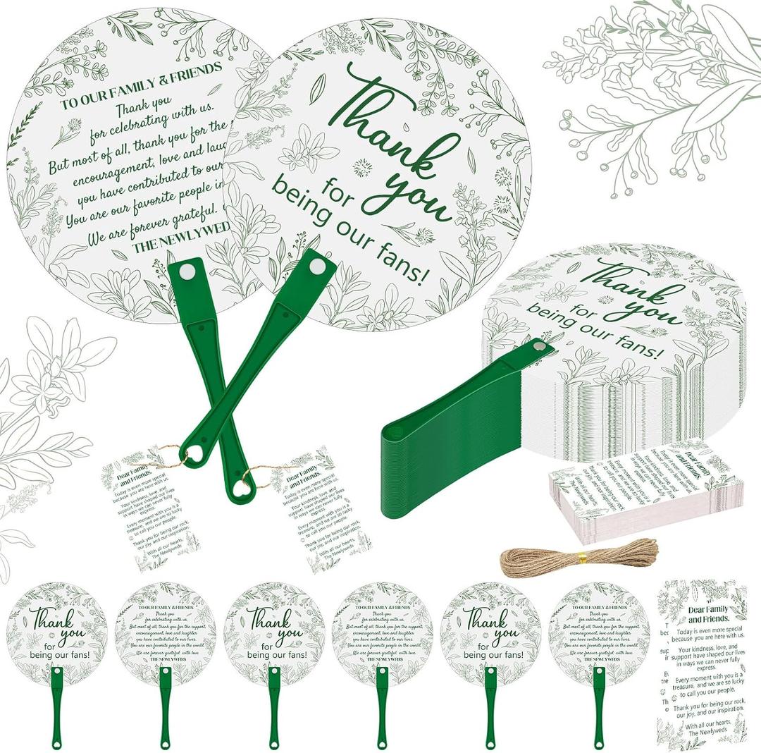 Cinrobiye 100 Sets Wedding Hand Fans Bulk for Guests, Handheld Fans with Thank You Cards, Outdoor Bridal Shower Favors