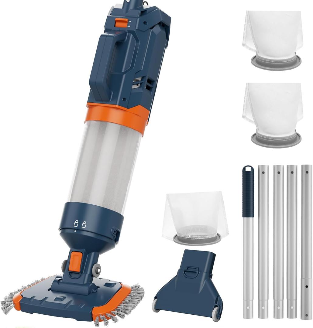 Cordless Pool Vacuum-True Powerful Suction 18.9GPM, 100inch, 1H Runtime, 25m Fluff Ultra Fine Filter,Handheld Rechargeable Hot Tub Cleaner with Poles for Above Ground&Inground Pool