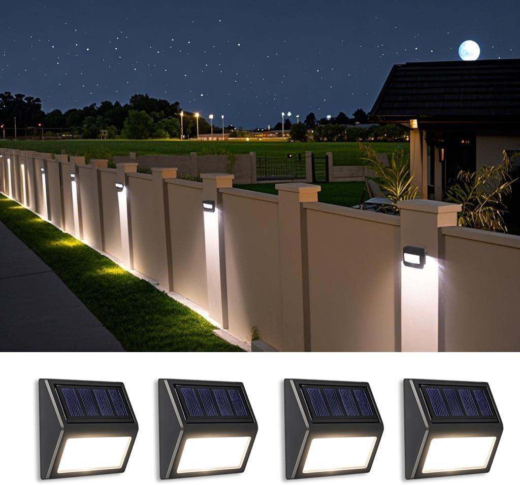 Solar Fence Lights, Waterproof Solar Outdoor Lights for Stairs Decks Steps Fences Patio Yard, LED Wall Sconce (Cool White/4 Pack)