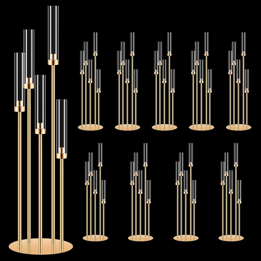 10 Set 5 Arm Golden Candle Holder with Acrylic Lampshade, 41.3'' Tall Candlesticks Holder for Christmas Wedding Housewarming Gift,Metal Candle Holders Candlestick Centerpiece,Fit 0.87'' LED Candle