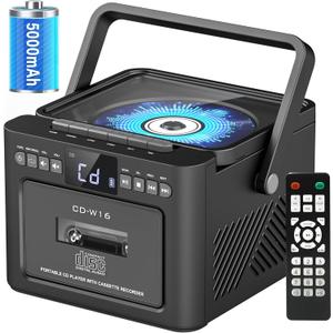 Boombox Cassette CD Player Bluetooth5.1 with 5000mAh Battery,5W Dual Stereo Speakers,Rechargeable CD Player with FM Radio,Remote Control,Tape Recording,3.5mm Earphone Jack,AUX/Micro SD/USB for Home (Black)