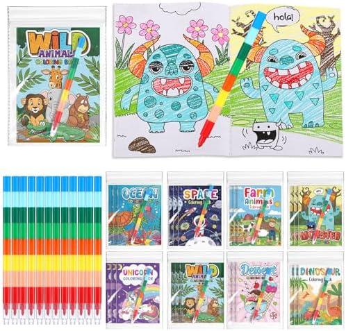 Fulmoon 24 Pack Assorted Coloring Books Bulk with 24 Crayons Dinosaur Animal Unicorn Space Mini Coloring Books Birthday Party Favors 24 Small Goodie Bag Stuffers Return Gift
