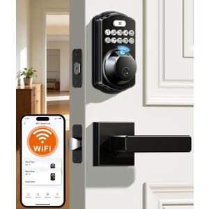 Veise VE012W-L Built-in Wi-Fi Fingerprint Smart Lock with Lever Handle Set, App Remote Control, Keyless Entry for Front Door, Deadbolt Digital Backlit Keypad, Voice Assistant, Auto Lock, Matte Black