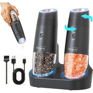 Ringco Gravity Electric Salt and Pepper Grinder Set with Charging Base, Automatic Gravity Salt and Pepper Mill with Adjustable Coarseness, LED Light, 135ml Large Capacity, Gifts for Women (Black)