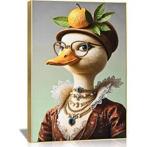 DRLWGTY Framed Abstract Animal Wall Art, Funny Duck in Formal Attire with Hand-applied Crystals, Vintage Poster for Bedroom Living Room, Ready to Hang 36"x24"