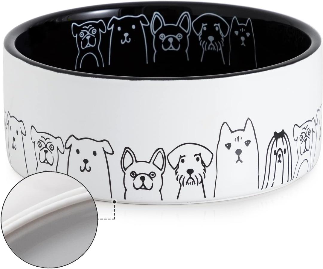 Fun Elements Ceramic Dog Bowls - Large, Non-Slip, 64 Fl Oz, Black with Adorable Dog Patterns (Large, Black)
