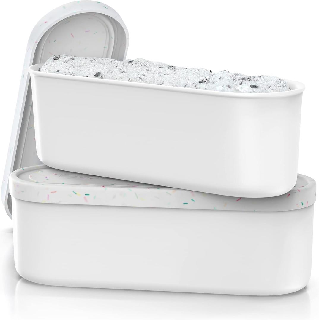 BALCI Ice Cream Containers - 2 Quart Ea. (Set of 2) - Premium Reusable Freezer Storage for Homemade Ice Cream Tub for Sorbet, Frozen Yogurt - Flexible Silicone Lids, Long Scoop - White With Sprinkles
