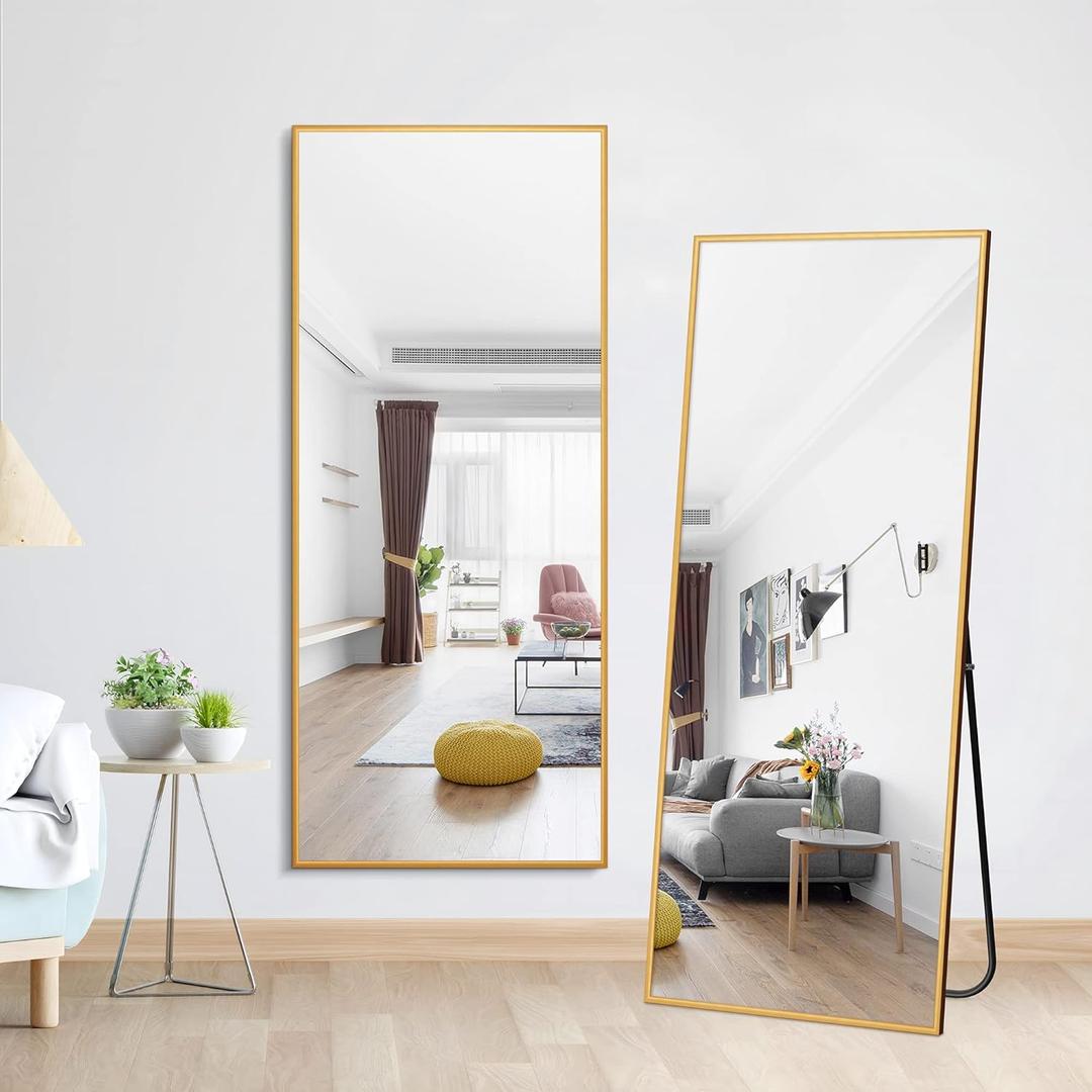 MIRUO Full Length Mirror, 64" x 21" Aluminum Alloy Frame Floor Mirror with Stand, Large Bedroom Mirror, Free Standing or Wall Mounted or Leaning Against Wall, Gold,65x22INCH_Gold