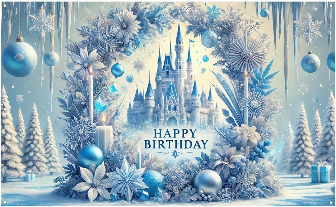 Frozen Birthday Party Decorations, Princess Castle Backdrop for Girls, 71x43 Inch Large Banner, Magical Snow Queen Winter Wonderland Photography Background, Ice Theme Kids Event Decor