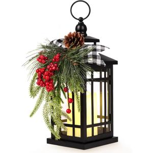 Metal Christmas Vintage Candle Lanterns with Led Light,Plaid Ribbon Decorative Hanging Lantern for Indoor Outdoor Decorations Party Gift, Christmas Porch Decor,WOKEISE