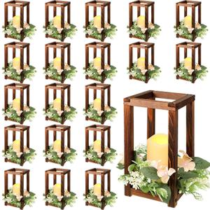 Hushee 60 Pcs Wooden Wedding Lantern Centerpiece Integrated Holders with Candles and Wreaths Rustic Wooden Candle Lantern Decor for Wedding Party Table Valentine Decor (Brown)