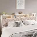 King Headboard Only, Headboard for King Size Bed with Storage, Upholstered Headboards with LED Lights & Charging Station, Attach Frame, Ideal for Bedroom/Dorm/Guest Room, White & Beige