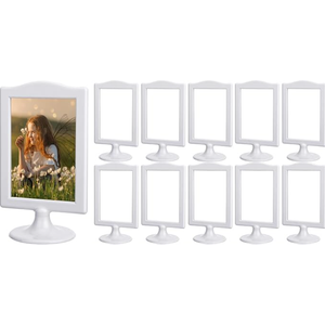 Amyhill 10 Pcs Double Sided Standing Picture Frames 4 x 6 Pedestal Photo Frame Plastic Each Holds 2 Pictures Tabletop Vertical Display for Wedding Table Bridal (White)