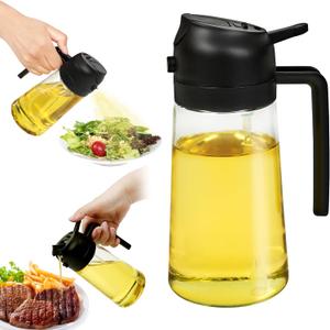 2-in-1 Oil Sprayer and Dispenser, 16oz / 470mL Glass Olive Oil Bottle for Cooking, Grilling, and Salad Dressing – BPA-Free, Easy-Pour, Anti-Clog Nozzle, Dishwasher Safe (Black)
