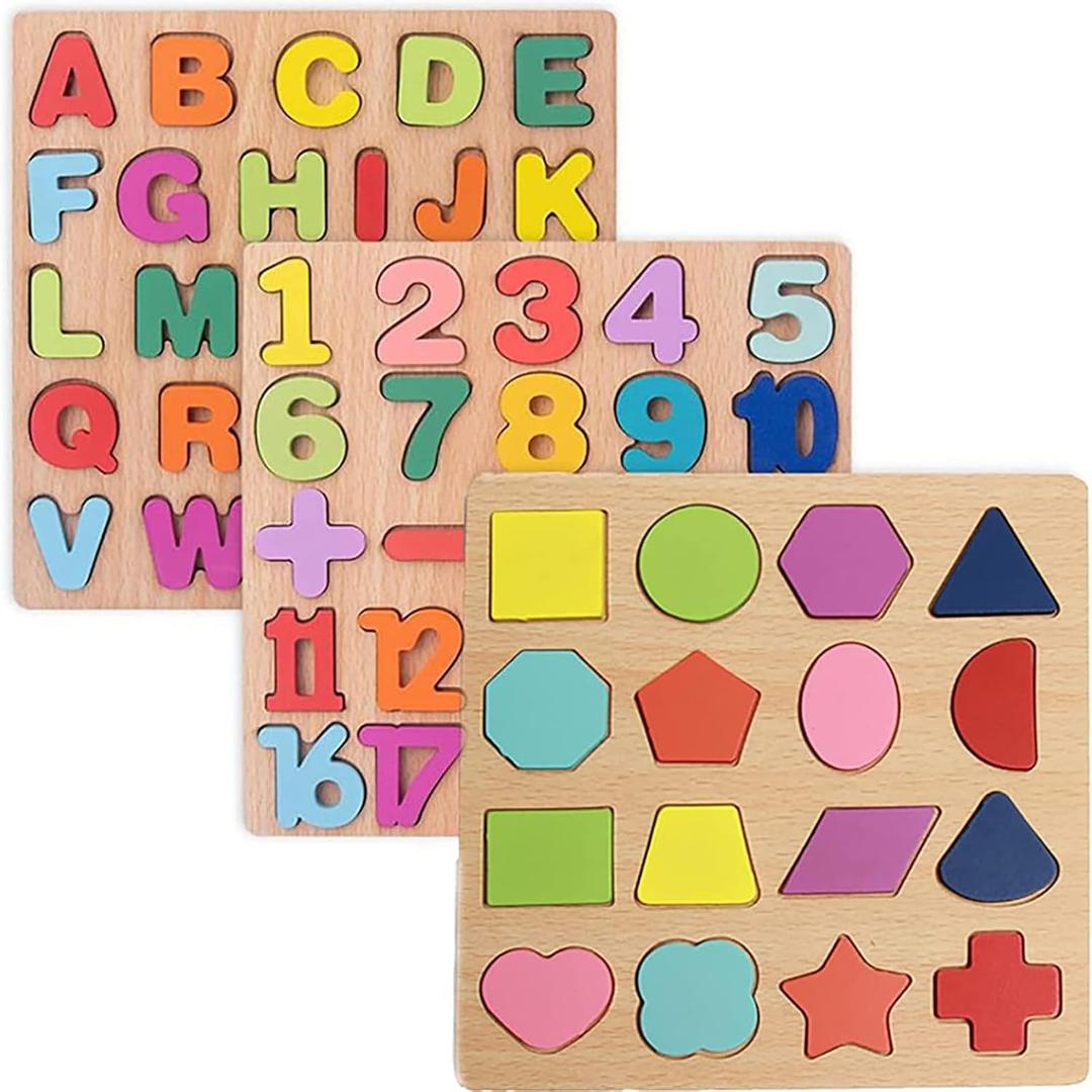 Wooden Puzzles for Toddlers, 3pack Alphabet Shape Puzzles for Kids 3 Wooden Montessori Toddler Alphabet Number Shape for Kids 3 Years Old Boys & Girls
