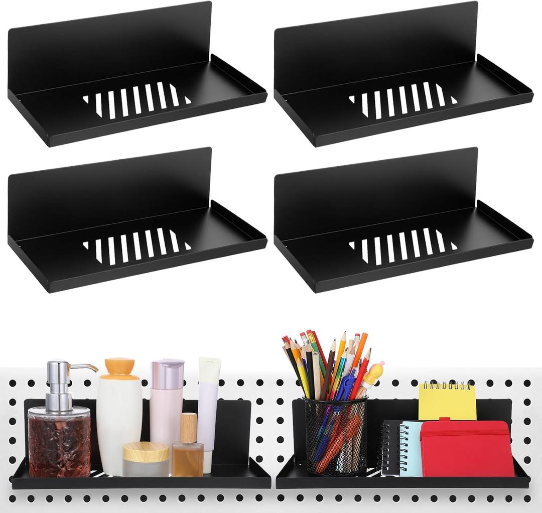 4 Pack Black Magnetic Shelves Organizer, 12x4.8x3.6 Inch Heavy Duty Steel Pegboard Spice Rack Tray for Kitchen Refrigerator Cabinet Whiteboard Office