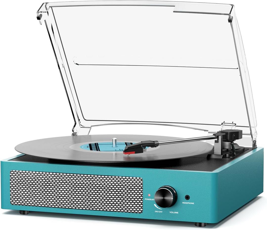 Record Player for Vinyl with 2 Build-in Speakers LP Vinyl Players Belt-Driven Vintage Turntables 3 Speed 3 Size, Wireless Bluetooth Playback, AUX-in, RCA Out, Headphone, Auto Stop Sea Blue (Cyan)