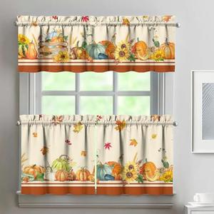 Fall Thanksgiving kitchen Curtains 3 Piece Set,Orange Pumpkin Maple Leaf Sunflower Farmhouse Kitchen Decor,Thanksgiving Autumn kitchen Curtains and Valances,Suitable for Living Room,Bedroom,24In