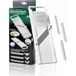 Benriner Japanese Mandoline Slicer  Vegetable Slicer with 4 Stainless Steel Blades, BPA-Free Adjustable Vegetable Cutter  Official US Version with Authentic Retail Packaging (Classic Slicer, White)