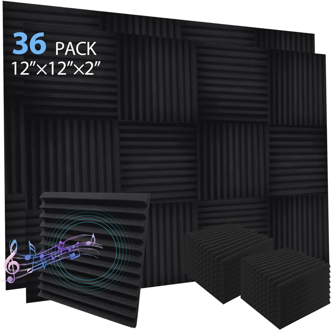 Ikaufen 12 x 12 x 2 Inches Pyramid Designed Acoustic Foam Panels, High Density and Flame Retardant Sound Proof Foam Panels for Wall and Ceiling (36 Pack-2)