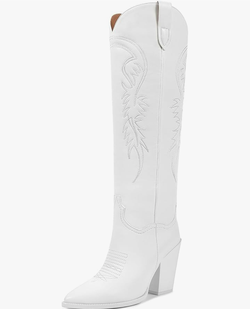 ISNOM Women's Cowgirl Boots Pull On Knee High Boots, Cowboy Western Embroidered Chunky Block Heel Pointed Toes Boots, 8 