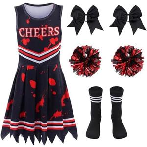 Zombie Cheerleader Costume for Girls Cheer Costumes Kids Halloween Scary Bloody Dress Accessories Set Size L