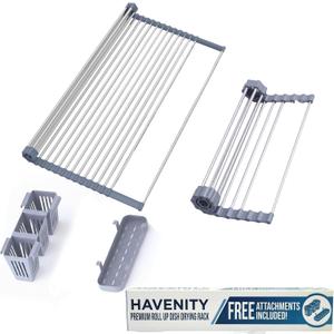 HAVENITY Expandable Roll Up Dish Drying Rack - Adjustable Up to 22.75" with 2 FREE Attachments & 2 Removable Baskets, 304 Stainless Steel Over The Sink dish Drying Rack Cover Kitchen Sink Accessories