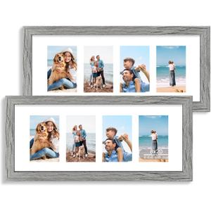 Hongkee 8x20 Picture Frame Set of 2, Rustic Gray Wood Frame with Tempered Glass Collage Frame, Display Pictures Four 4x6 With Mat or 8 x 20 Without Mat - Horizontal or Vertical Wall Mounting, 8x20 in matted to 4-4x6