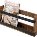 MyGift Rustic Burnt Solid Wood and Industrial Matte Black Metal Magazine Display Rack, Wall Mountable Double Wide Book Holder or Standing Organizer
