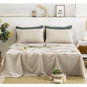 TUMEI 100% French Linen Sheets Queen Size, 4-Piece Linen Bed Sheet Set Queen, Breathable & Cooling, Soft & Durable, 16" Deep Pocket, 1 Flat Sheet, 1 Fitted Sheet, 2 Pillowcases (Queen, Natural Linen)