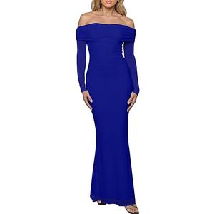 Caracilia Womens Off the Shoulder Bodycon Maxi Dress Fall Sexy Elegant Long Sleeve Ruched Club Party Formal Cocktail Dresses Royal Blue Medium