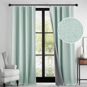 RYB HOME 100% Blackout Linen Textured Curtains 96 inches Long, Thermal Insulating Privacy Energy Saving for Bedroom Living Room Window Office Theater Baby Nursery, W 52 x L 96 in, Aqua, 2 Panels